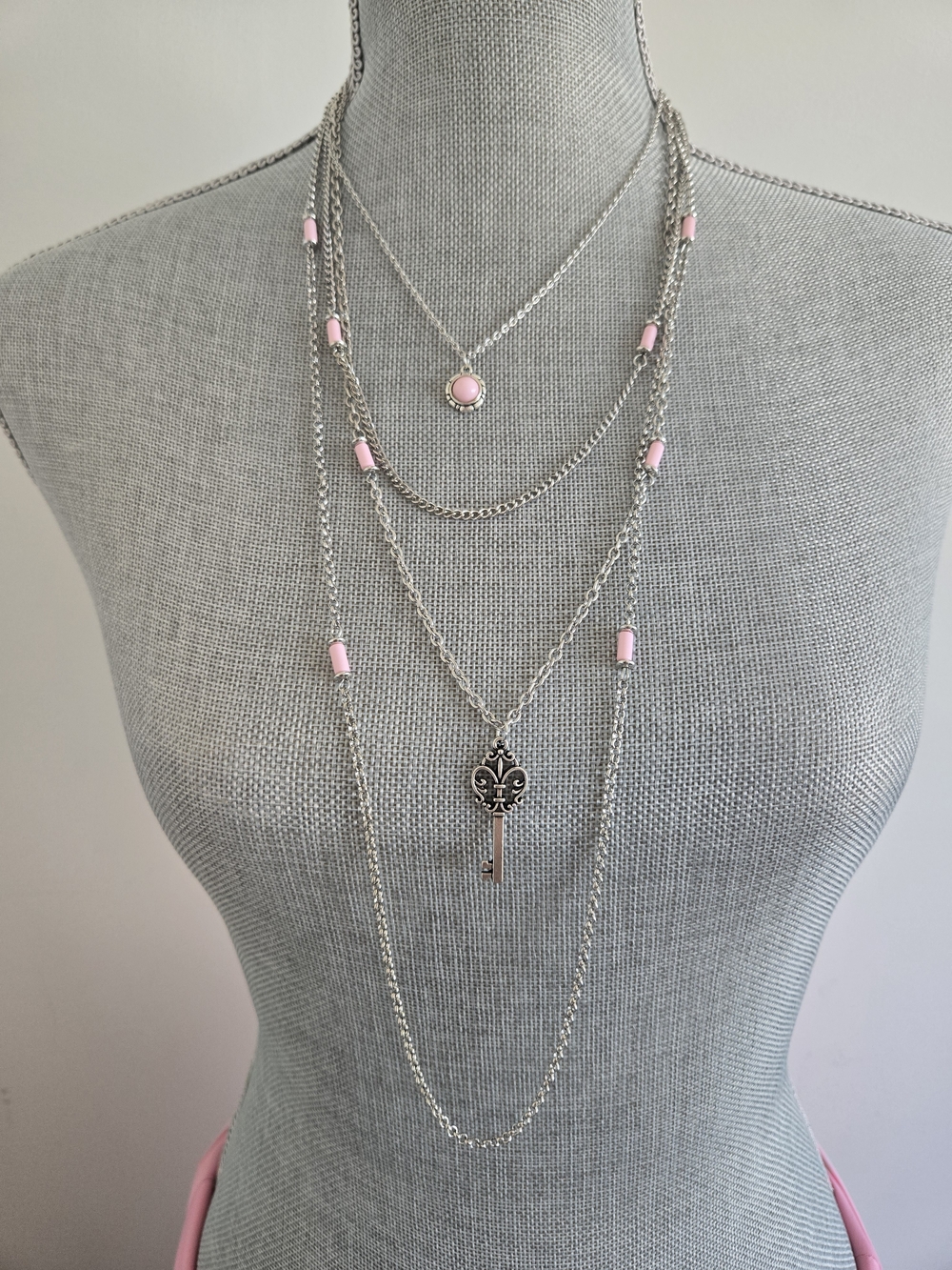 Layered Silver Necklace with Pink Accents